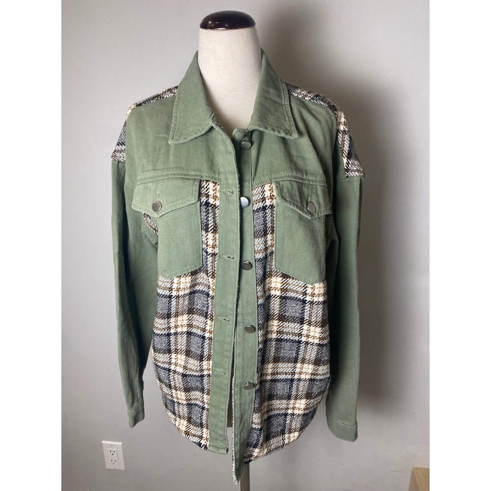 Sage Green Plaid Mixed Media Shacket Cotton Twill Button Down Jacket Womens M